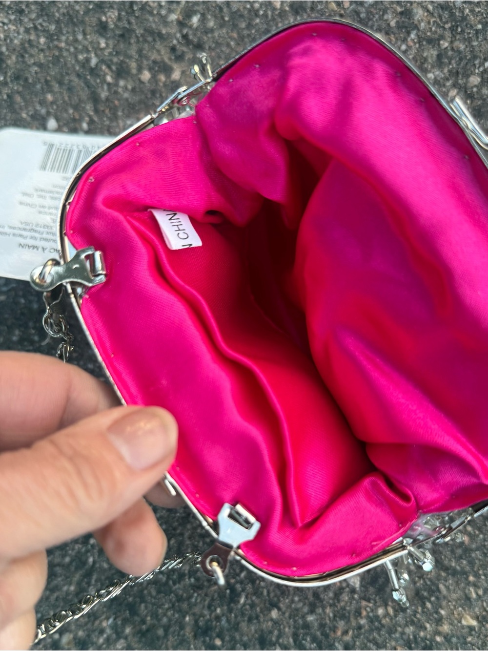 Paris Hilton Silver Satin Evening Bag with Beading and Hot Pink Satin Lining NWT - Picture 8 of 10